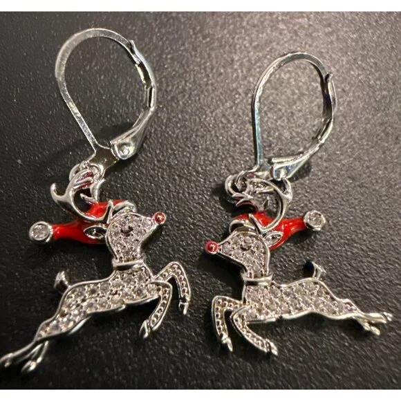 Rhinestone Reindeer Holiday Dangle Earrings Jewelry - Picture 2 of 4